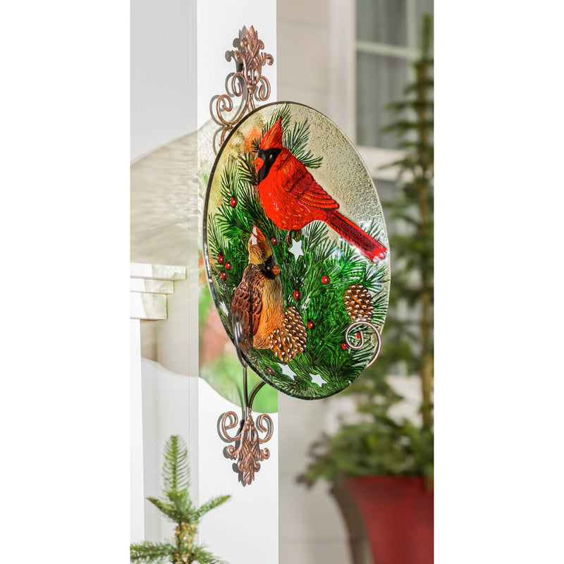 18" Hand Painted Embossed Glass Bird Bath, Cardinals and Winter Spruce,2gb1207