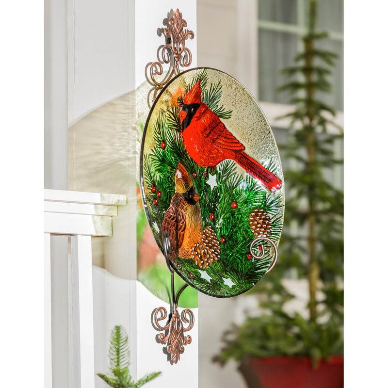 18" Hand Painted Embossed Glass Bird Bath, Cardinals and Winter Spruce,2gb1207
