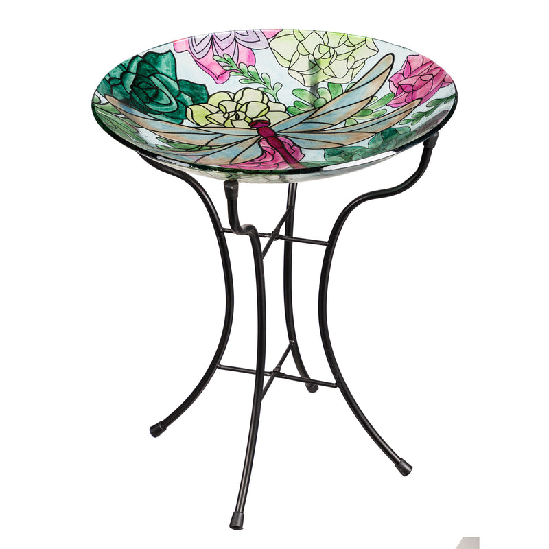 16" Glass Bird Bath w/Stand, Dragonfly on Succulents,2gb6883