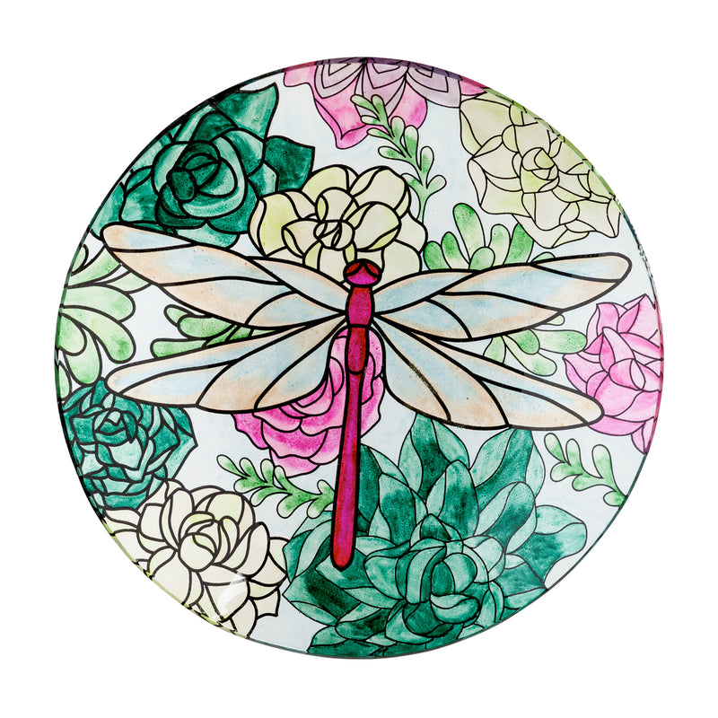 16" Glass Bird Bath w/Stand, Dragonfly on Succulents,2gb6883