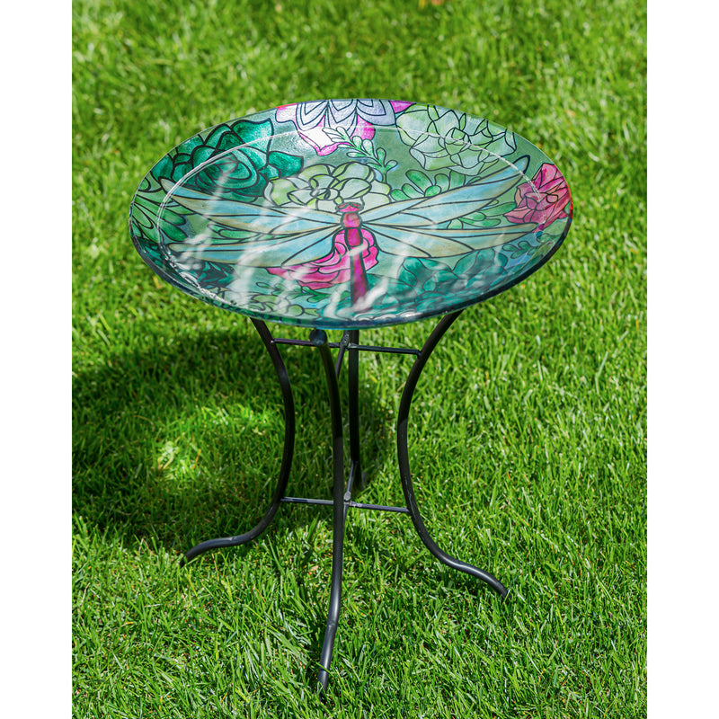 16" Glass Bird Bath w/Stand, Dragonfly on Succulents,2gb6883