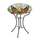16" Glass Bird Bath w/Stand, Monarch Butterfly among Daisies,2gb6884