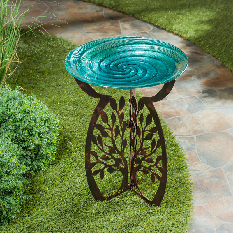 Evergreen Bird Bath,Laser Cut Bird Bath Stand and Glass Embossed Bird Bath Set, Tree of Life,18x18x25.59 Inches