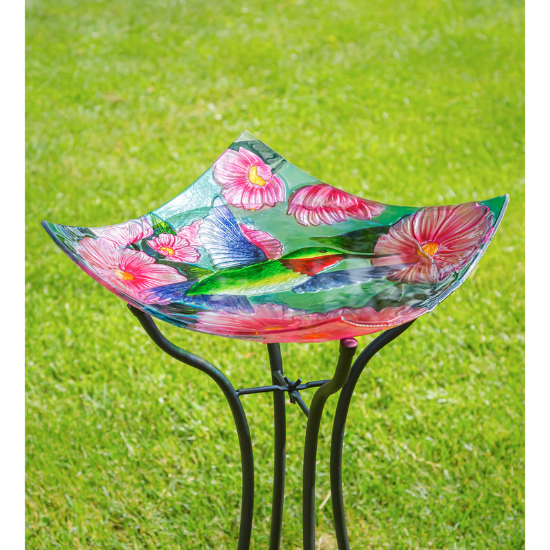 16.5" Hand Painted and Embossed Square Bird Bath, Hummingbird with Flowers,2gb7002