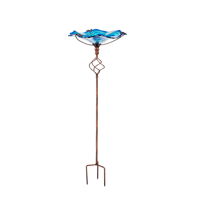 Glass Bird Bath with Garden Stake, Blue Swirl,2gb7016ecm