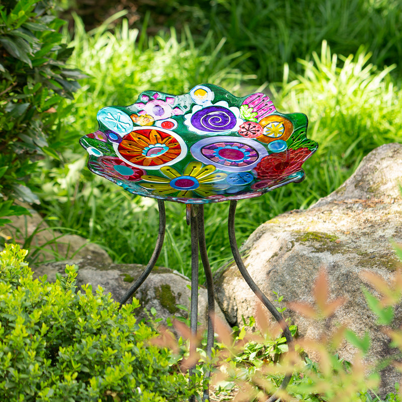 Evergreen Bird Bath,18" Abstract Floral Sculpted Edge Glass Bird Bath,18x18x2.5 Inches