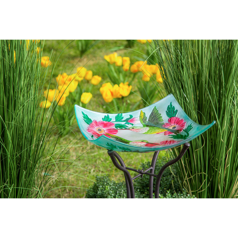 16.5" Hand Painted Embossed Square Glass Bird Bath, Hummingbird duo,2gb833