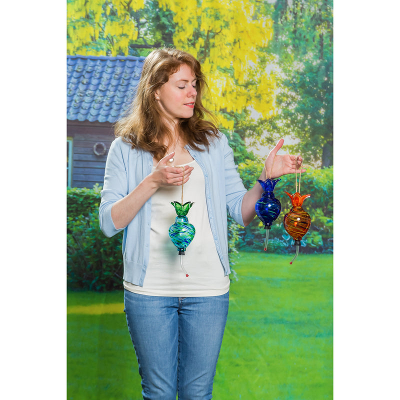 Hanging Art Glass Hummingbird Feeder with Built-in Floral Ant Moat, 3 ASST.,2hf267