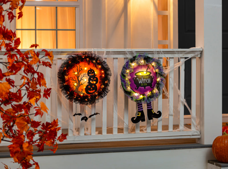 Pumpkins with Dangle Bats Lighted Deco Mesh Door Decor,2msh2582bl
