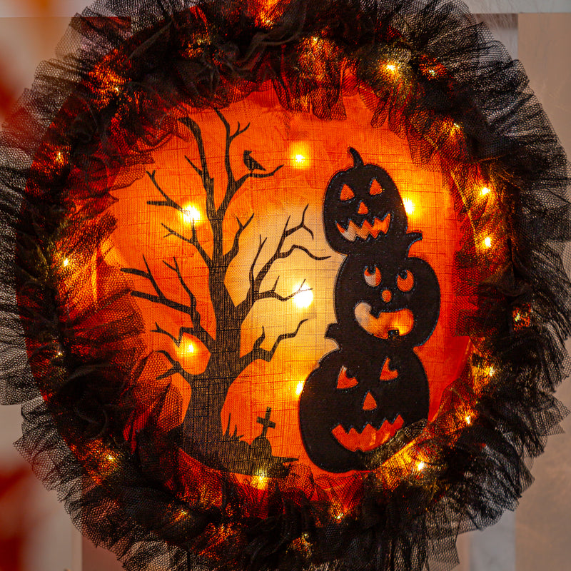 Pumpkins with Dangle Bats Lighted Deco Mesh Door Decor,2msh2582bl