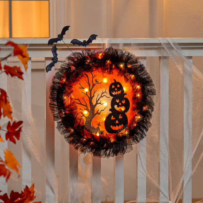 Pumpkins with Dangle Bats Lighted Deco Mesh Door Decor,2msh2582bl