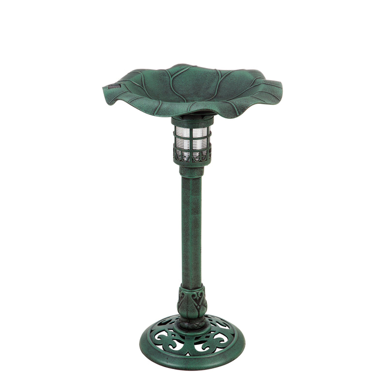 Evergreen Bird Bath,Solar Plastic Bird Bath, Lily Pad in Green Patina,17x17x32 Inches