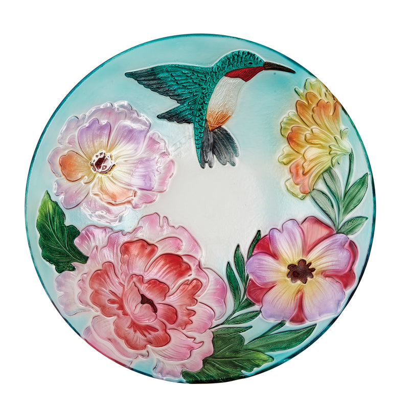 Evergreen Bird Bath,18" Solar Hand Painted Embossed Glass Bird Bath with Stand, Floral Hummingbird,18x18x22.5 Inches