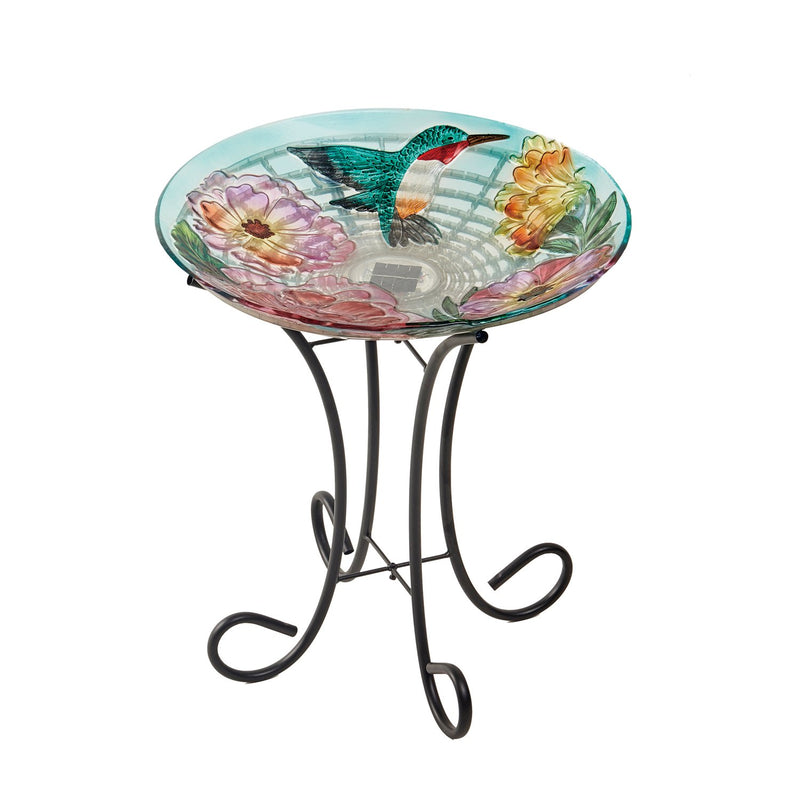 Evergreen Bird Bath,18" Solar Hand Painted Embossed Glass Bird Bath with Stand, Floral Hummingbird,18x18x22.5 Inches