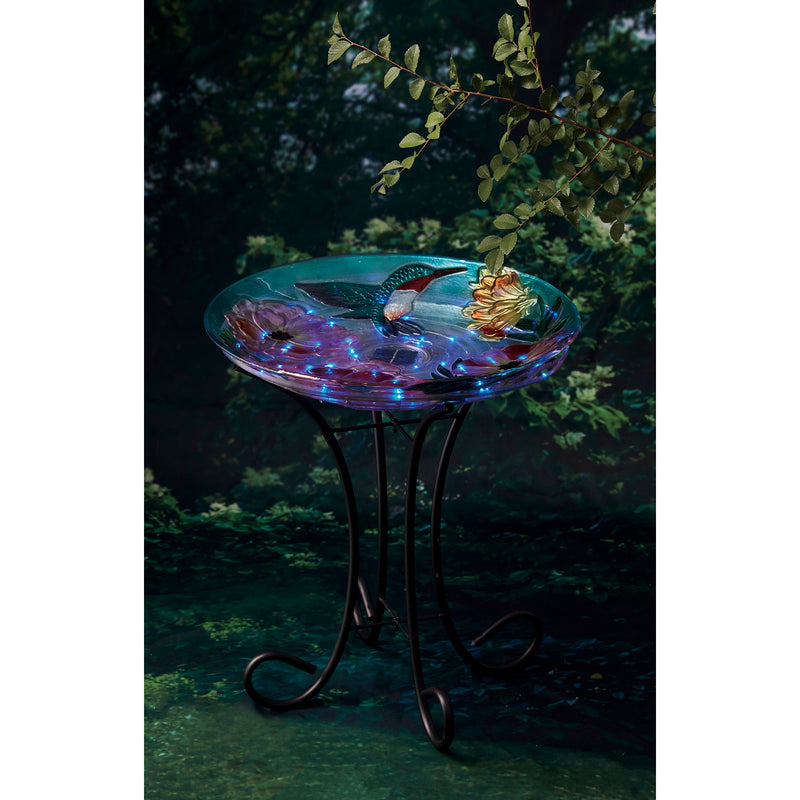 Evergreen Bird Bath,18" Solar Hand Painted Embossed Glass Bird Bath with Stand, Floral Hummingbird,18x18x22.5 Inches