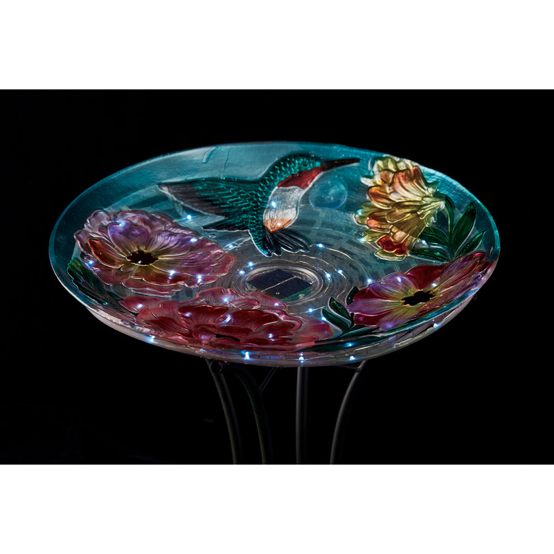 Evergreen Bird Bath,18" Solar Hand Painted Embossed Glass Bird Bath with Stand, Floral Hummingbird,18x18x22.5 Inches