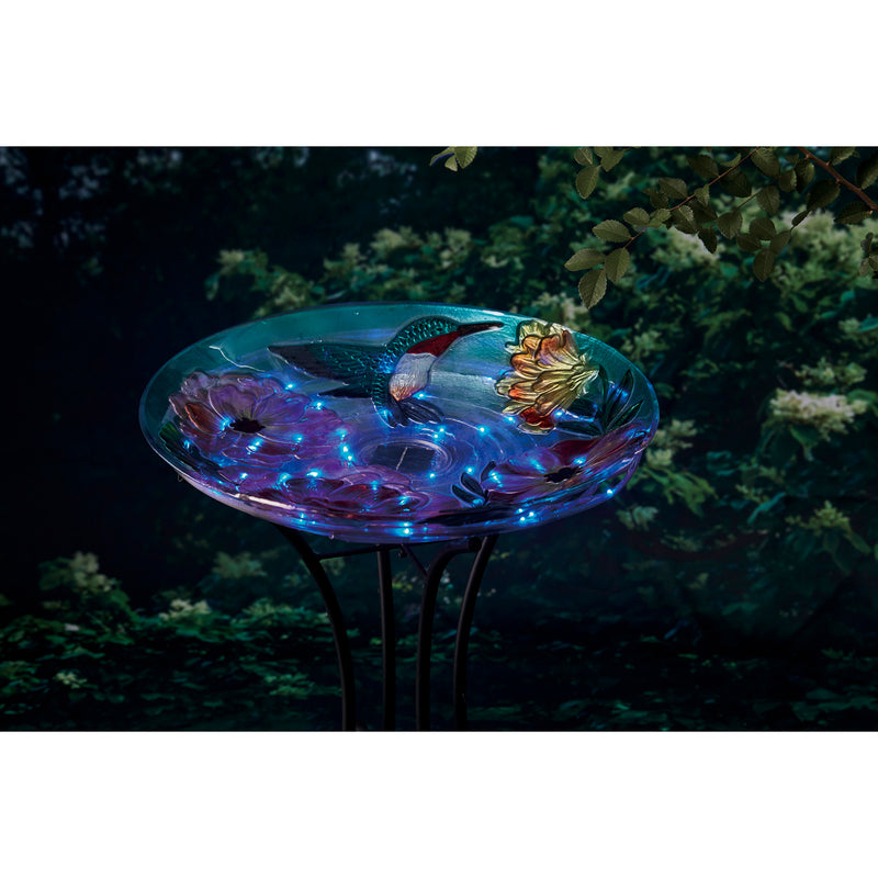 Evergreen Bird Bath,18" Solar Hand Painted Embossed Glass Bird Bath with Stand, Floral Hummingbird,18x18x22.5 Inches