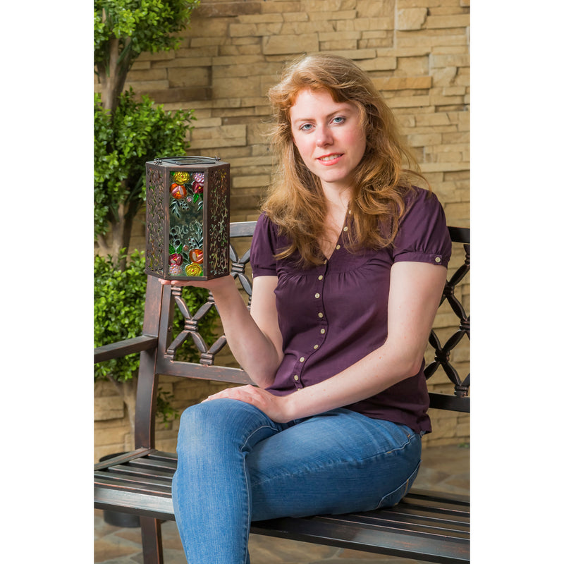 Handpainted Embossed Glass and Metal Solar Lantern, Soft Florals,2sp6626