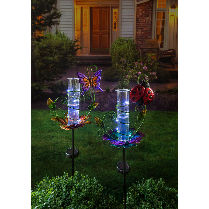 36.25"H Chasing Light Solar Rain Gauge Garden Stake, 2 ASST, Butterfly and Ladybug,2sp6770