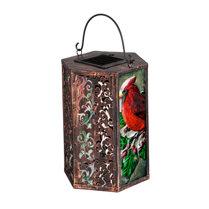 Handpainted Embossed Glass and Metal Solar Lantern, Holiday Cardinal,5.91"x5.31"x8.27"inches