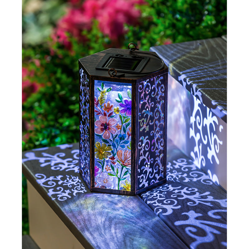 Handpainted Embossed Glass and Metal Solar Lantern, Wild Florals,2sp7049