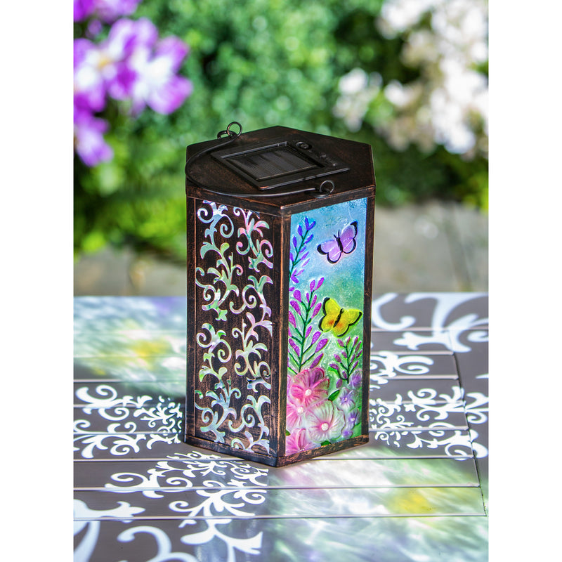 Handpainted Embossed Glass and Metal Solar Lantern, Wild Florals with Butterflies,2sp7119