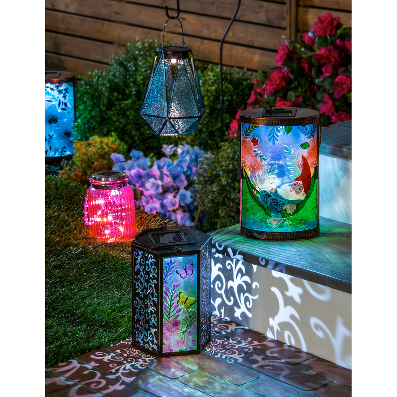 Handpainted Embossed Glass and Metal Solar Lantern, Wild Florals with Butterflies,2sp7119