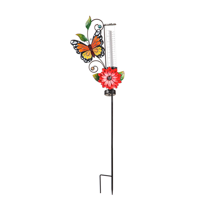 36"H Solar Rain Gauge Garden Stake with Red Flower, Monarch Butterfly,2sp7229