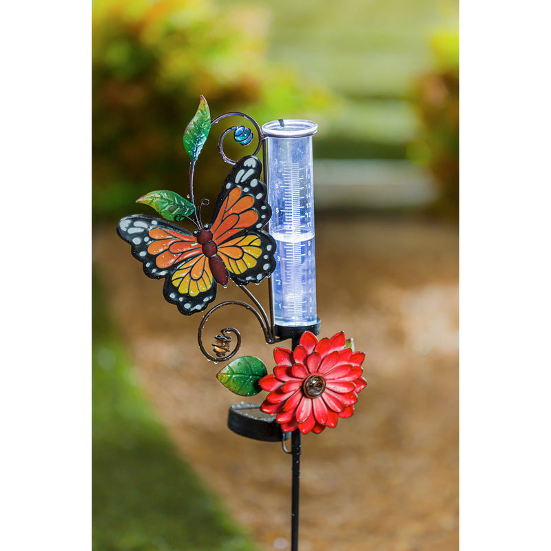 36"H Solar Rain Gauge Garden Stake with Red Flower, Monarch Butterfly,2sp7229