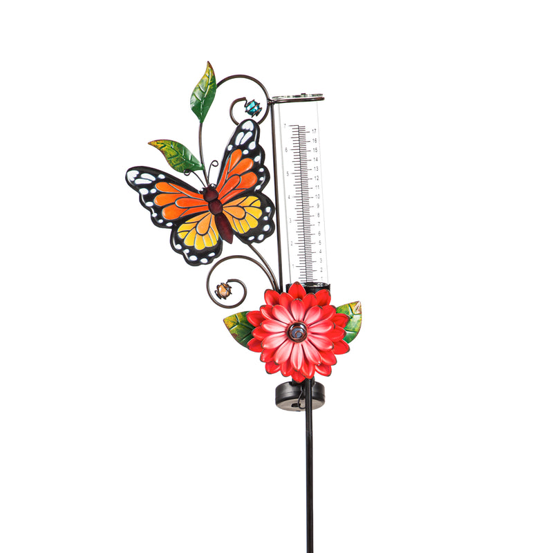 36"H Solar Rain Gauge Garden Stake with Red Flower, Monarch Butterfly,2sp7229