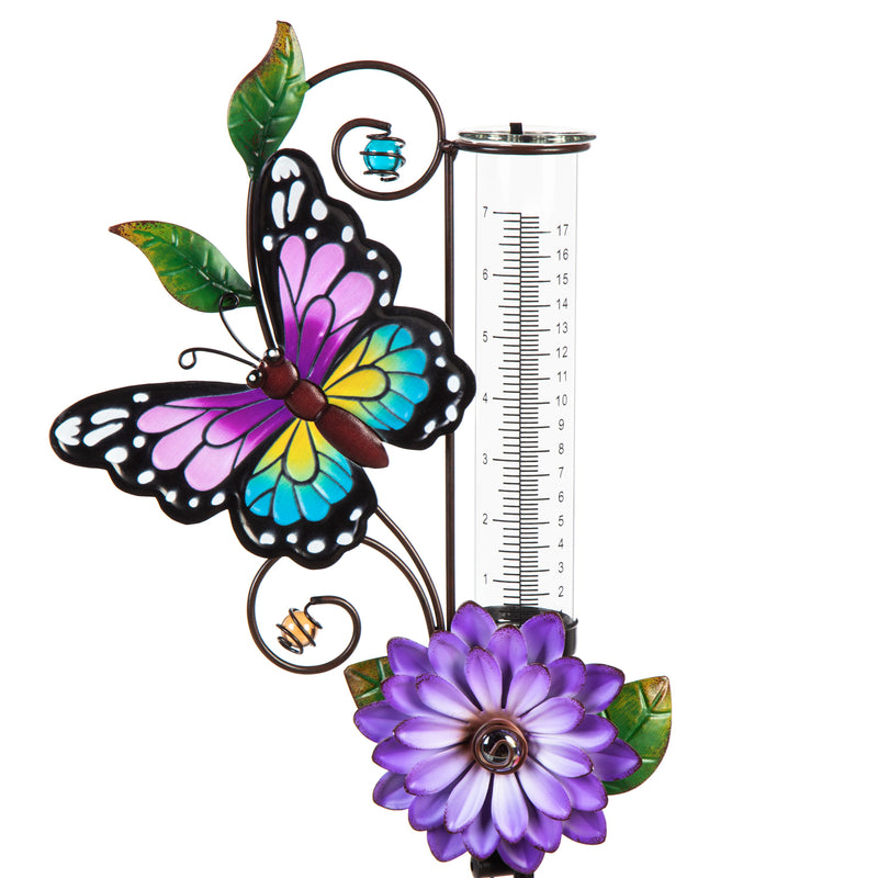 36"H Solar Rain Gauge Garden Stake with Purple Flower, Purple Butterfly,2sp7231