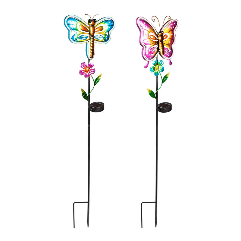 36"H Solar Neon Color Lights Garden Stake, Dragonfly and Butterfly, 2 Asst,2sp7253