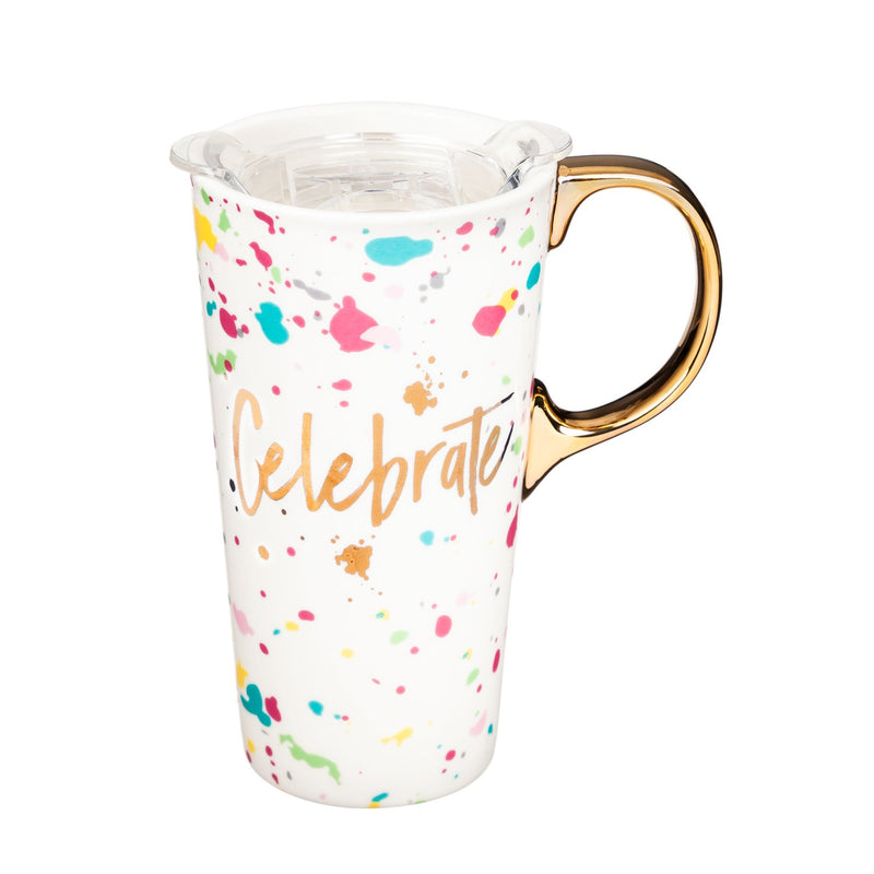 Ceramic Travel Cup w/ metallic accents, 17 OZ w/Box, Celebrate,3ctc6423a