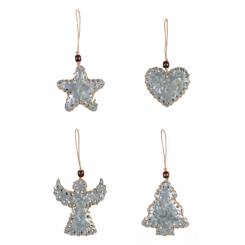 Galvanized Metal Ornament with Jute, Tree/Heart/Star/Angel, 4 Asst,3otm258