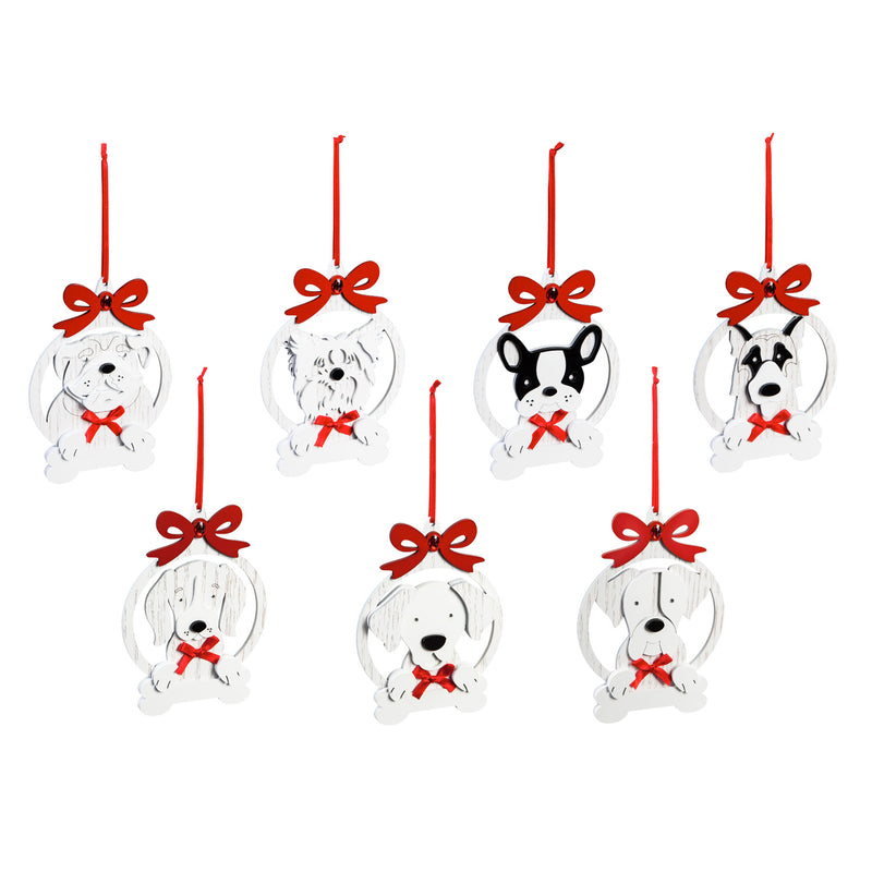 White Wood Dog Ornament with Red Bow, 7 Assorted,3otw097