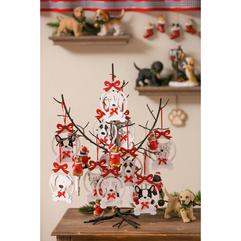 White Wood Dog Ornament with Red Bow, 7 Assorted,3otw097