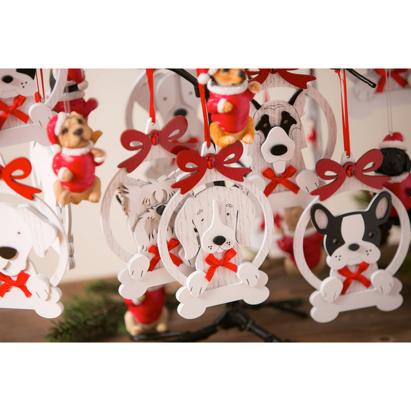 White Wood Dog Ornament with Red Bow, 7 Assorted,3otw097