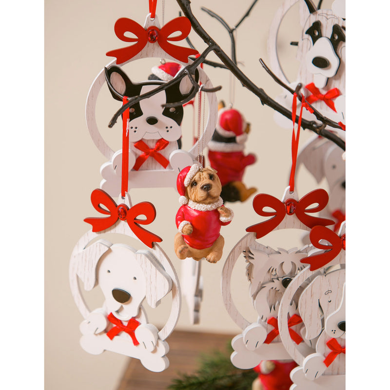 White Wood Dog Ornament with Red Bow, 7 Assorted,3otw097