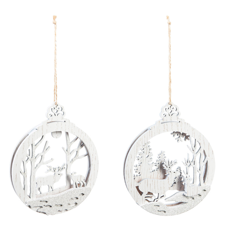 White Woodland Ornaments with Glitter, 2 Assorted,3otw098
