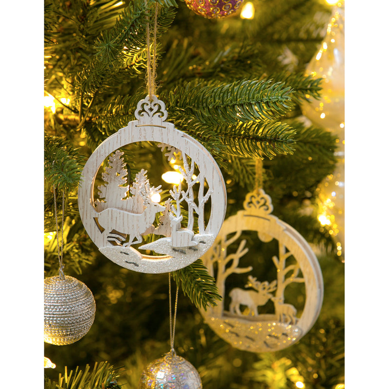 White Woodland Ornaments with Glitter, 2 Assorted,3otw098