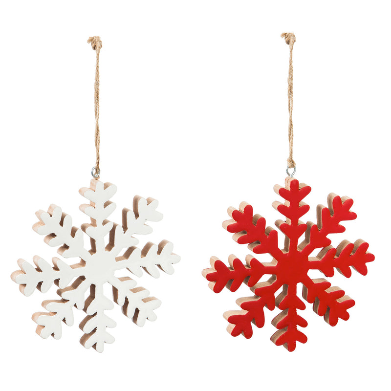 Wood Snowflake Ornament, 2 Assorted: Red, White,3otw108