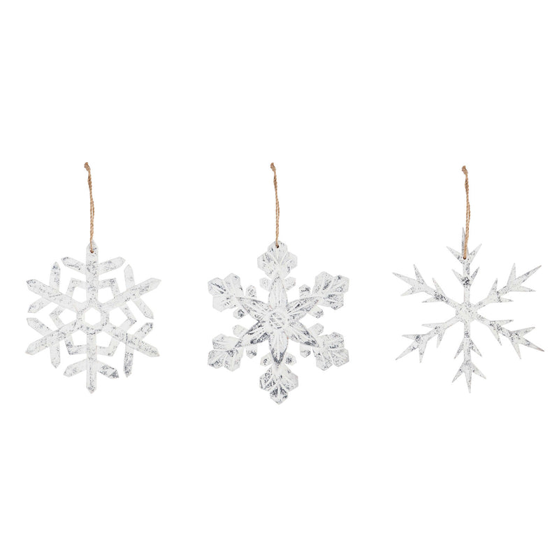 10" White Wooden Carved Snowflake Ornament, 3 Asst,3otw138