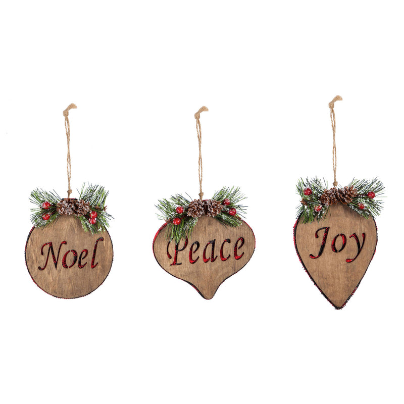 Wooden Ornament with Plaid and Artifical, 3 Asst: Peace/Noel/Joy,3otw151