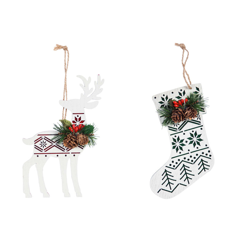 Wooden Ornament with Artificial and Pinecone Ornament, 2 Asst: Deer/Stocking,3otw156