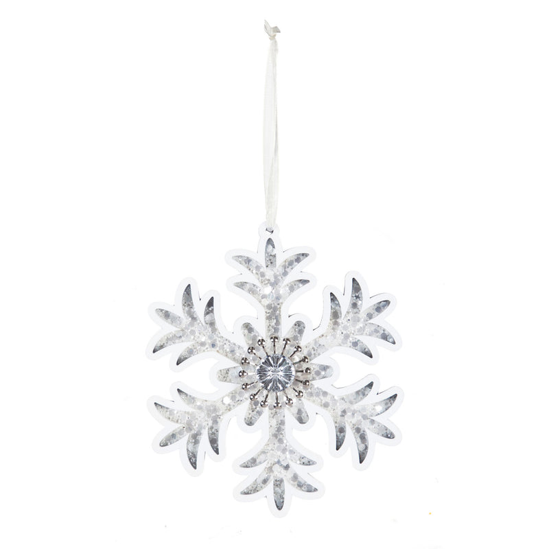 Wooden Snowflake Ornament, White with Crystals, 2 Asst,3otw159