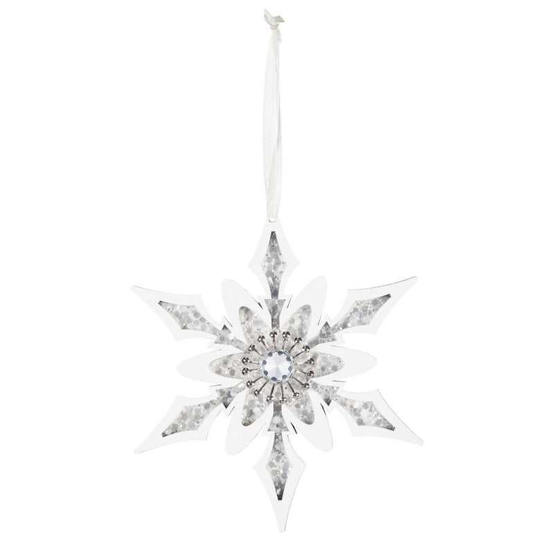 Wooden Snowflake Ornament, White with Crystals, 2 Asst,3otw159