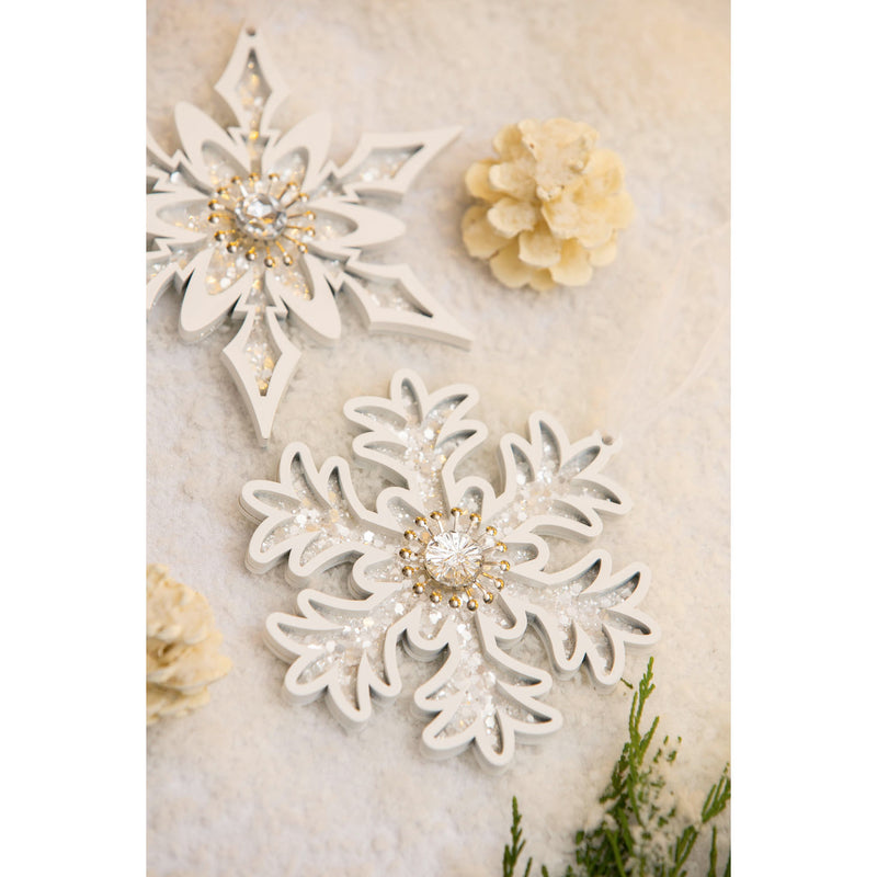 Wooden Snowflake Ornament, White with Crystals, 2 Asst,3otw159