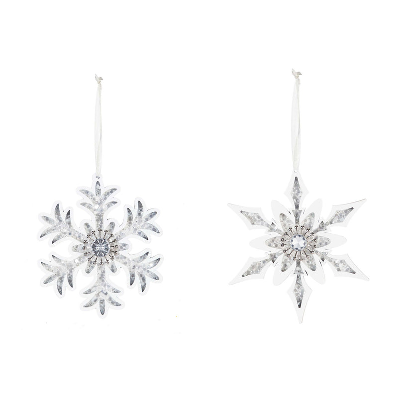 Wooden Snowflake Ornament, White with Crystals, 2 Asst,3otw159