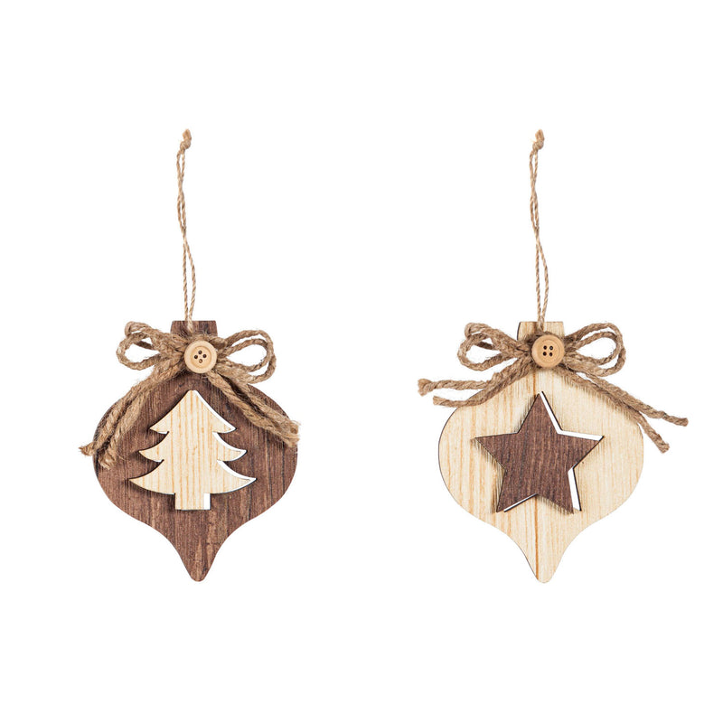 Wooden Teardrop Ornament, Tree/Star, 2 Asst,3otw168