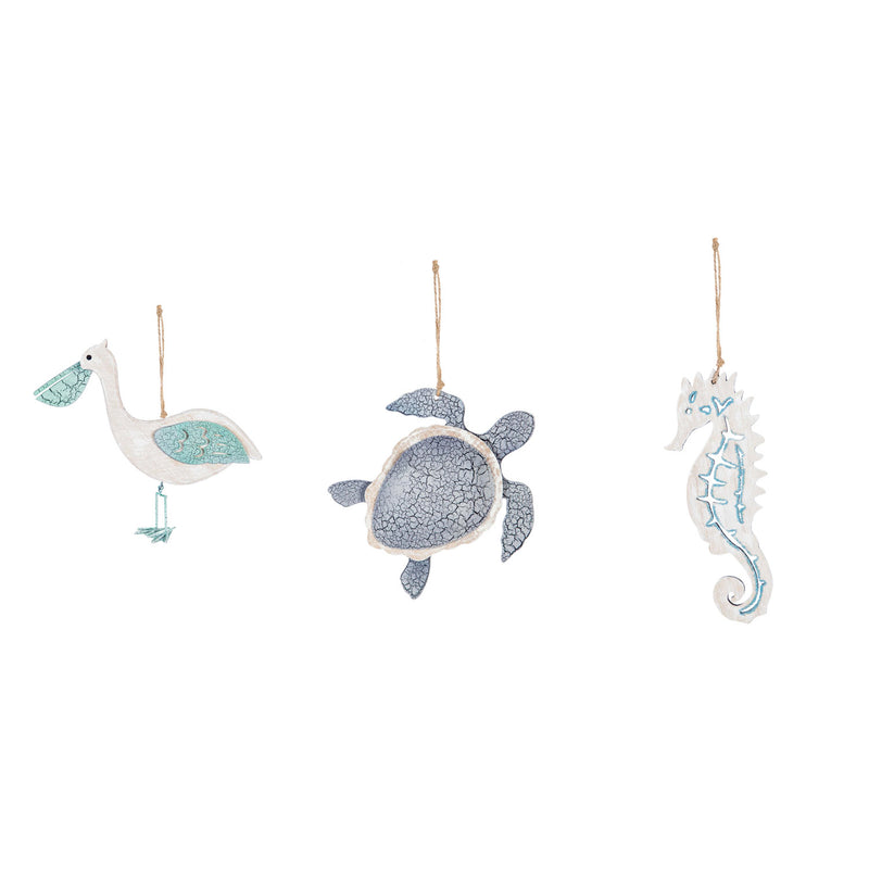 Wooden Coastal Ornament, Seahorse/Turtle/Pelican, 3 Asst,3otw170